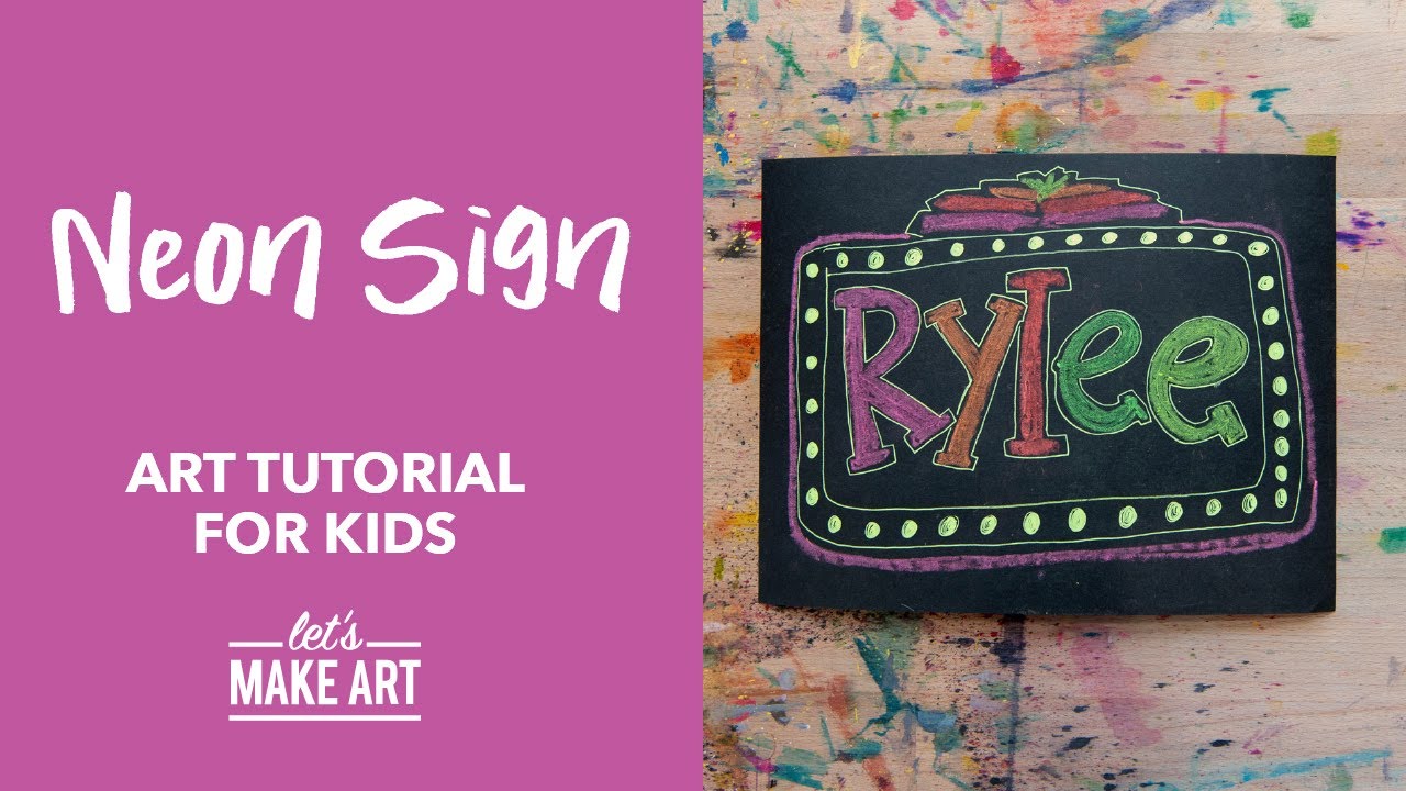 Neon Sign  Easy Kids Oil Pastel Art Lesson by Nicole Miyuki of Let's Make  Art 