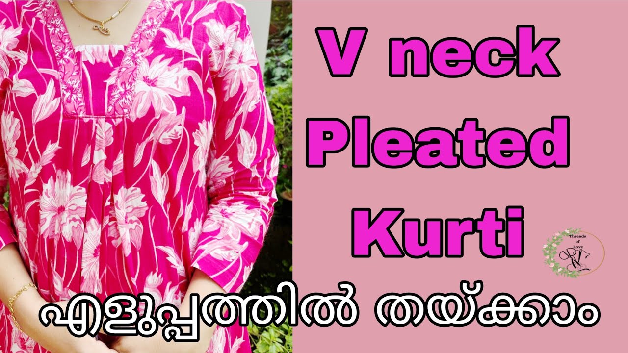 V Neck Pleated Kurti Cutting & Stitching / Cotton Kurti