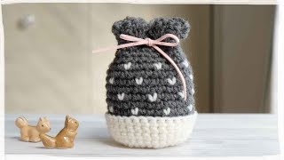 巾着の編み方[プチハートのプチ巾着]作り方／かぎ編み／細編みだけで簡単に♪バレンタインのラッピングなどにどうぞ