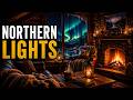 Northern Lights Cabin Ambience ❄ Cozy Fireplace by the Frozen Lake