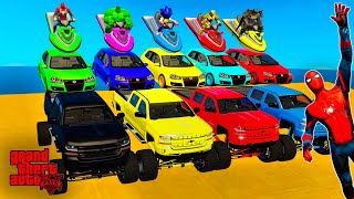 Spiderman &amp; Super Heroes Race In Mega Ramps By Mack Trucks &amp; Sea Bikes Super Cars