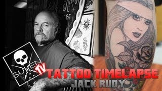 Tattoo Time Lapse - Jack Rudy - Tattoos Single Needle Black and Grey Lowrider Woman