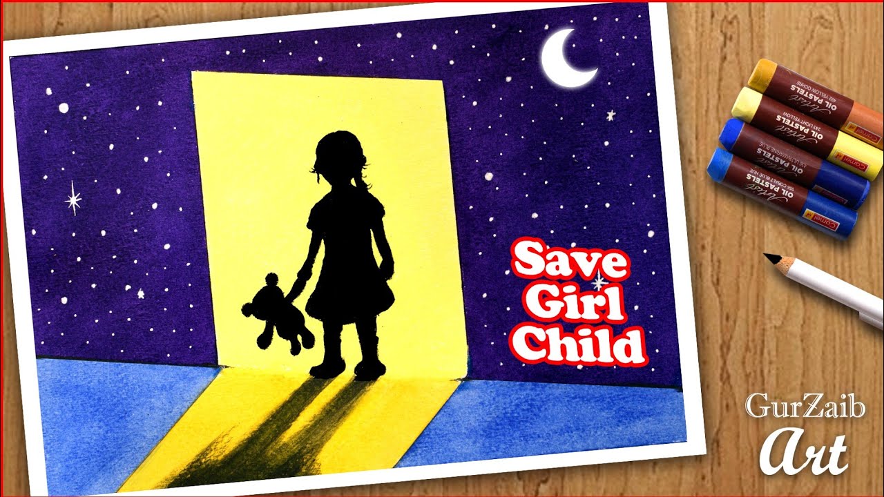 Easy way to draw Save the girl child Drawing with oil pastels ...