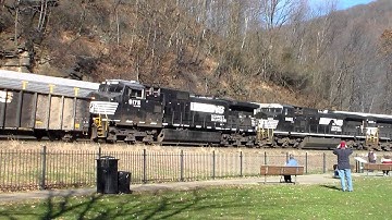 NS-NS-NS lashup passing a westbound Autorack at Horseshoe Curve