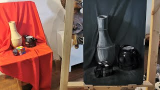 رسم تكوين طبيعة صامته لايف  بالفحم و الباستيل  مع القيم اللونية Coal.. charcoal...Pastel screenshot 3