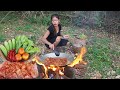 Pork salad spicy curry so delicious food for dinner, Survival cooking in forest