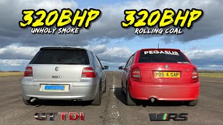 TDI’s ON SMOKE.. 320HP VW GOLF GT TDI vs 320HP SKODA FABIA VRS