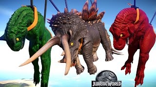 T-Rex Vs Carnotaurus vs Stegoceratops vs Triceratops - Jurassic World Evolution Dinosaurs Fighting