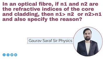 n an optical fiber, if n1 and n2 are the refractive indices of the core and cladding, then n1