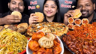 MUKBANG WITH A NEW GUEST🙏🏼 STREET FOOD PARTY, PIZZA, BURGER, NOODLES, MOMOS, SHAWARMA |EATING SHOW