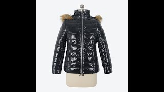 Puffer coat shine cropped fur hooded jacket