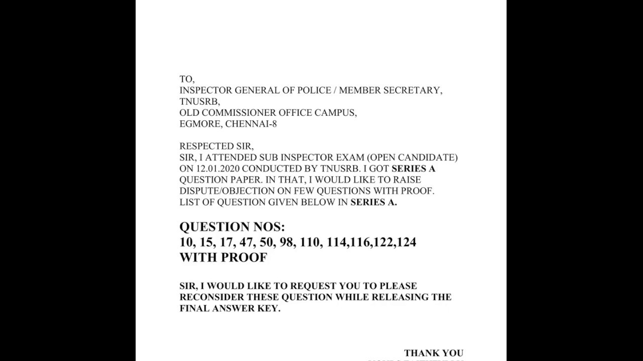 TNUSRB SUB INSPECTOR (SI) QUESTION PAPER OBJECTION