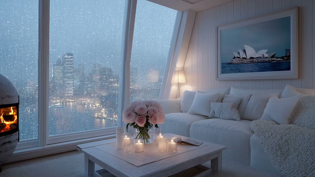 ✨ Modern Lounge Bliss | Warm Fireplace & Rain on Window (3 Hours) | Stress Relief Study Work Relax