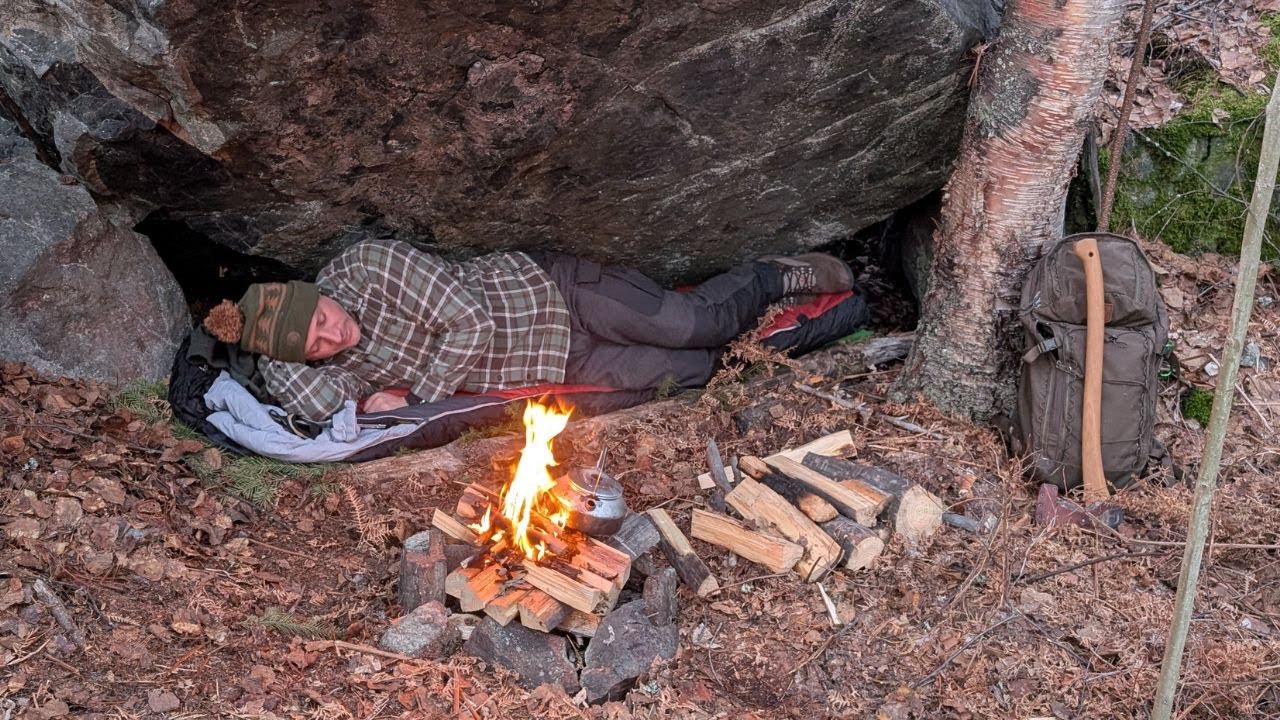 Survival Shelter Under a Rock. Solo Winter Bushcraft Camping. - YouTube