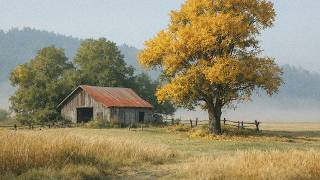 Watercolor Painting – Old Barn and Golden Autumn Tree
