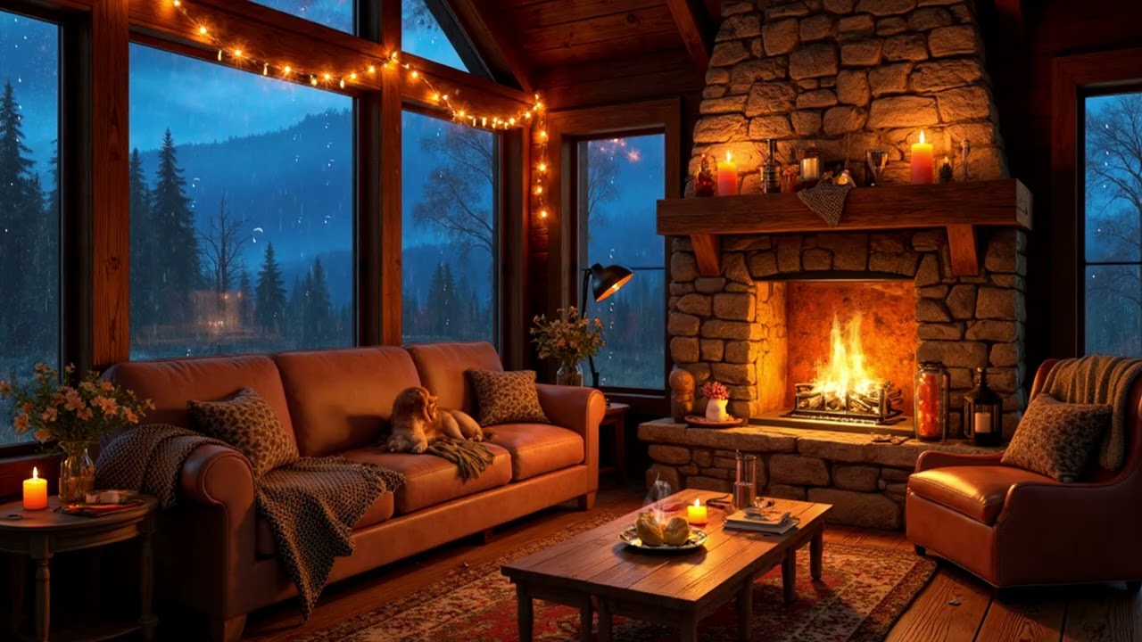 Warm Rainy Evening in Luxury Cabin with Fireplace Glow | Relaxing Rain for Deep Sleep