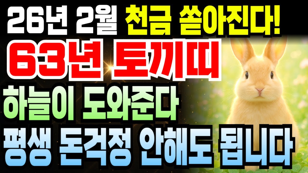 계묘년생 토끼띠 1963년생 63세 2026년 병오년 2월 운세 특급 정보! 부의 흐름 무한 작동 중이며 문서 하나로 인생 바뀌고 재물 쌓이는 한 달이에요.