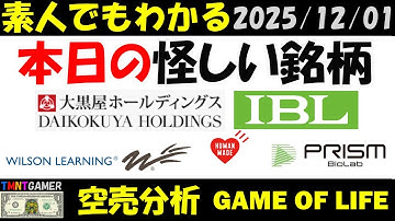 【空売分析】本日の怪しい銘柄：大黒屋ホールディングス！免疫生物研究所！ウィルソン・ラーニングワールドワイド！PRISM BioLab！HUMAN MADE！【TMNTGAMER】20251201
