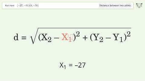 Find the distance between two points p1 (-27,-91) and p2 (8,-50): Step-by-Step Video Solution