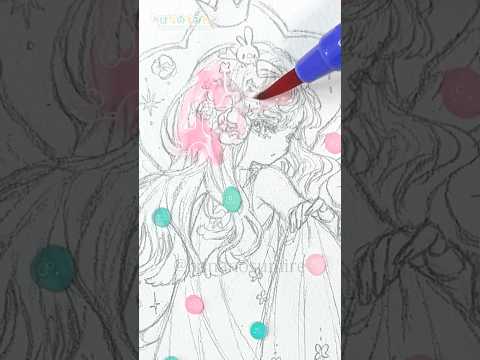 💚🩷くるくるロングの天使くんを水滴で染めるメイキング🎨🦜#Shorts  #illustration #watercolor