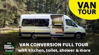 Van tour of sprinter campervan conversion with kitchen, shower &amp; more. Full tour of self made RV