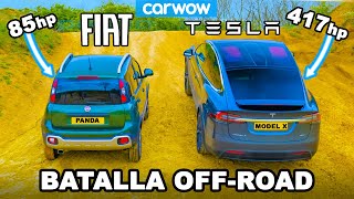 Tesla Model X vs Fiat Panda Cross: ¡ARRANCONES CUESTA ARRIBA y cuál es el mejor OFFROAD!