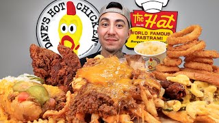 MUKBANG EATING The Hat Chilli CHEESE Fries, Chilli Dog, Daves Hot Chicken CRISPY Fried Chicken