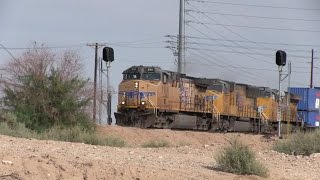 UP Train Spotting HD: UP 5911 4902 & 8141 Leads UP Stack West At Maricopa AZ 5/8 4/4/15