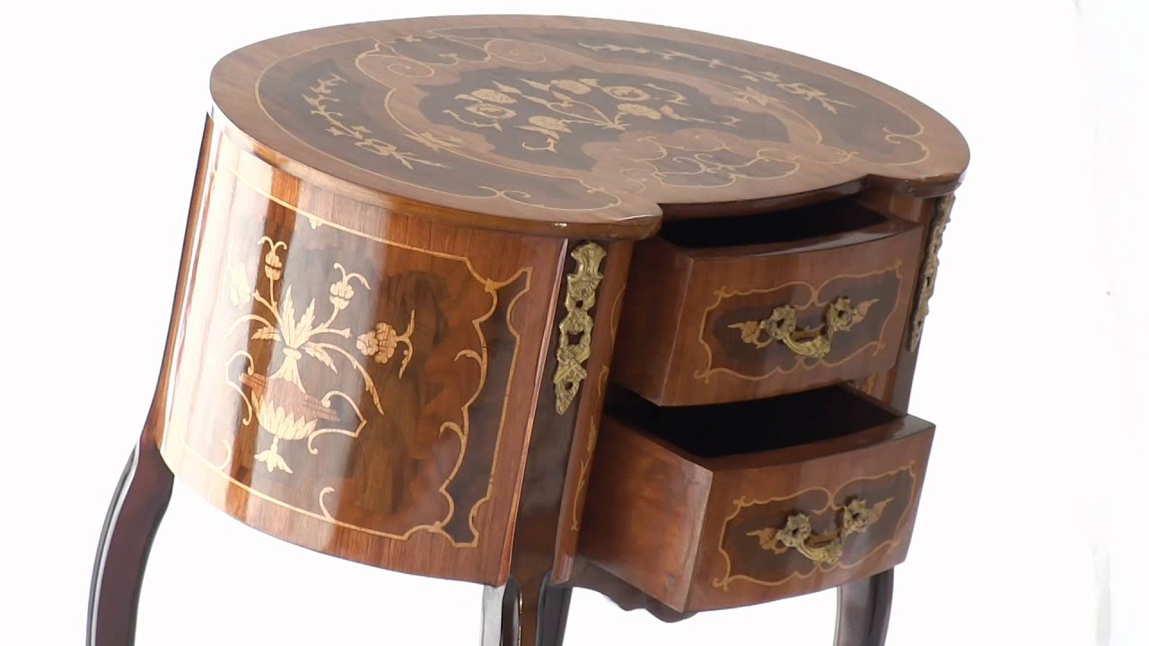 012 Intarsien Beistell Tisch klein 2 Schubladen Intarsien Deckel