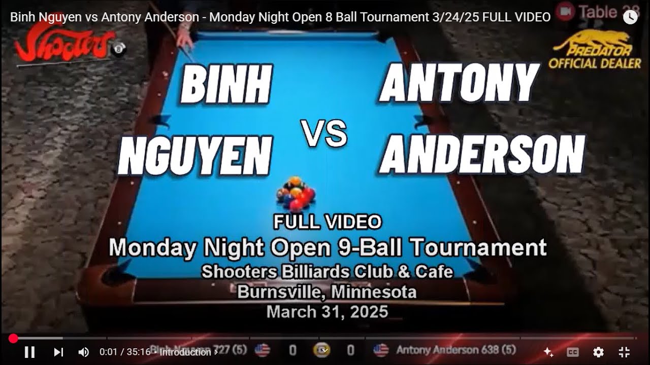 Binh Nguyen vs Antony Anderson - Monday Night Open 8 Ball Tournament 3/24/25 FULL VIDEO