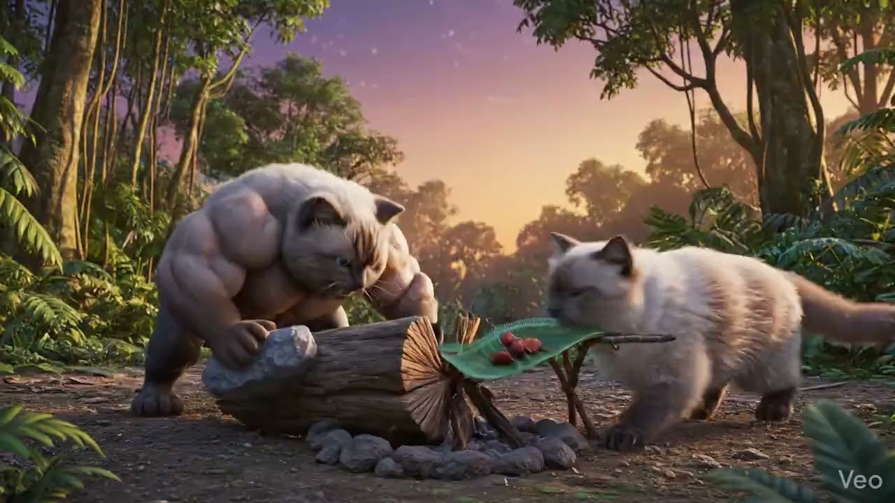 In the heart of a misty jungle, a solitary cat wanders under fading light, searching for food