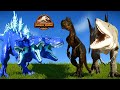 3 Head Blue Godzilla TREX vs E750 Scorpius Rex, King Shark Dinosaurs Fight Jurassic World Evolution