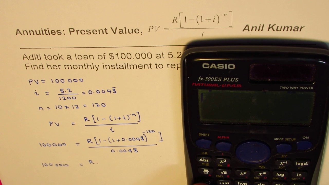 find monthly installment for loan present value annuity example