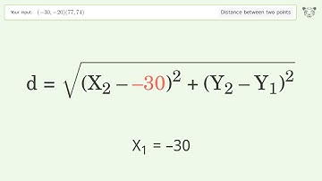 Find the distance between two points p1 (-30,-20) and p2 (77,74): Step-by-Step Video Solution