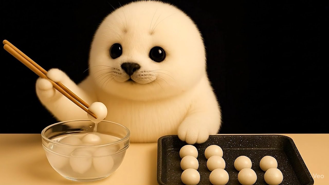 【ASMR】Arale the baby seal enjoys Tsukimi Dango 🌕🦭✨ Homemade Dango🍡 