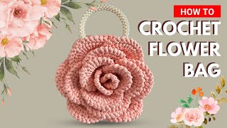 : Crochet flower bag, rose handmade purse, Detailed pattern, Bobilon t shirt yarn handbag