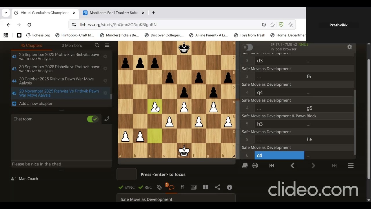 Gurukulam Chess Club - Level 4 Opening - Pawn War Analysis Challenge