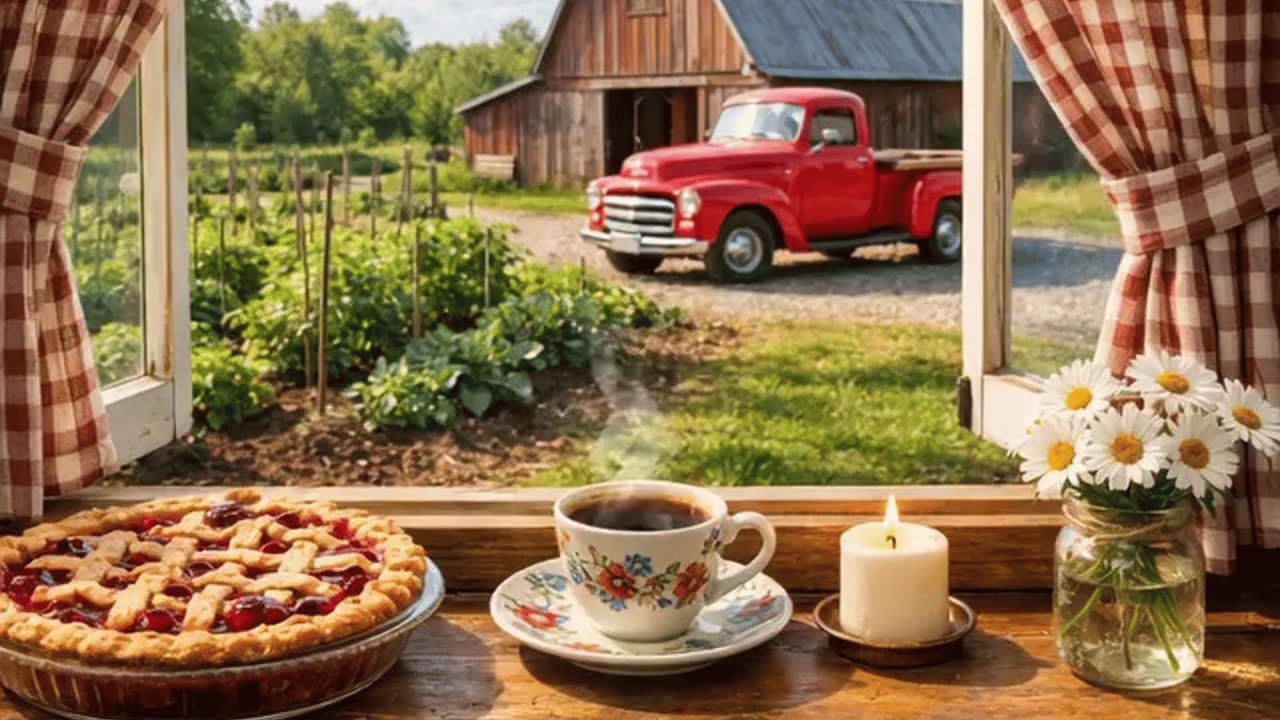 Cozy Country Window Ambience 🌾☕️ Farmhouse Coffee, Cherry Pie & Soft Country Music (1.5 Hours)