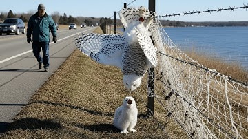 Rescuing a Snowy Owl Mother Trapped on a Barbed-Wire Fence – Her Chick Waiting for Her Below
