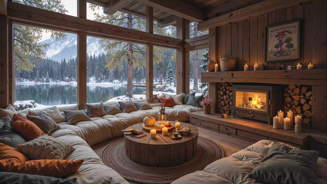 Relaxing Winter Jazz 🔥 Cozy Cabin Ambience with Gentle Jazz Music & Soft Snowfall Outside Windows