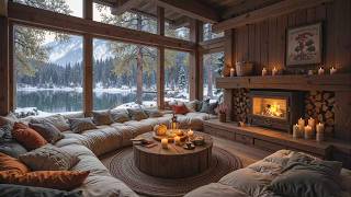 Relaxing Winter Jazz 🔥 Cozy Cabin Ambience with Gentle Jazz Music \u0026 Soft Snowfall Outside Windows