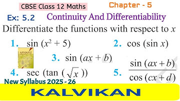 Cbse Class 12 Continuity And Differentiability Ex 5.2 Questions 1, 2, 3, 4 & 5 in Tamil by Kalvikan