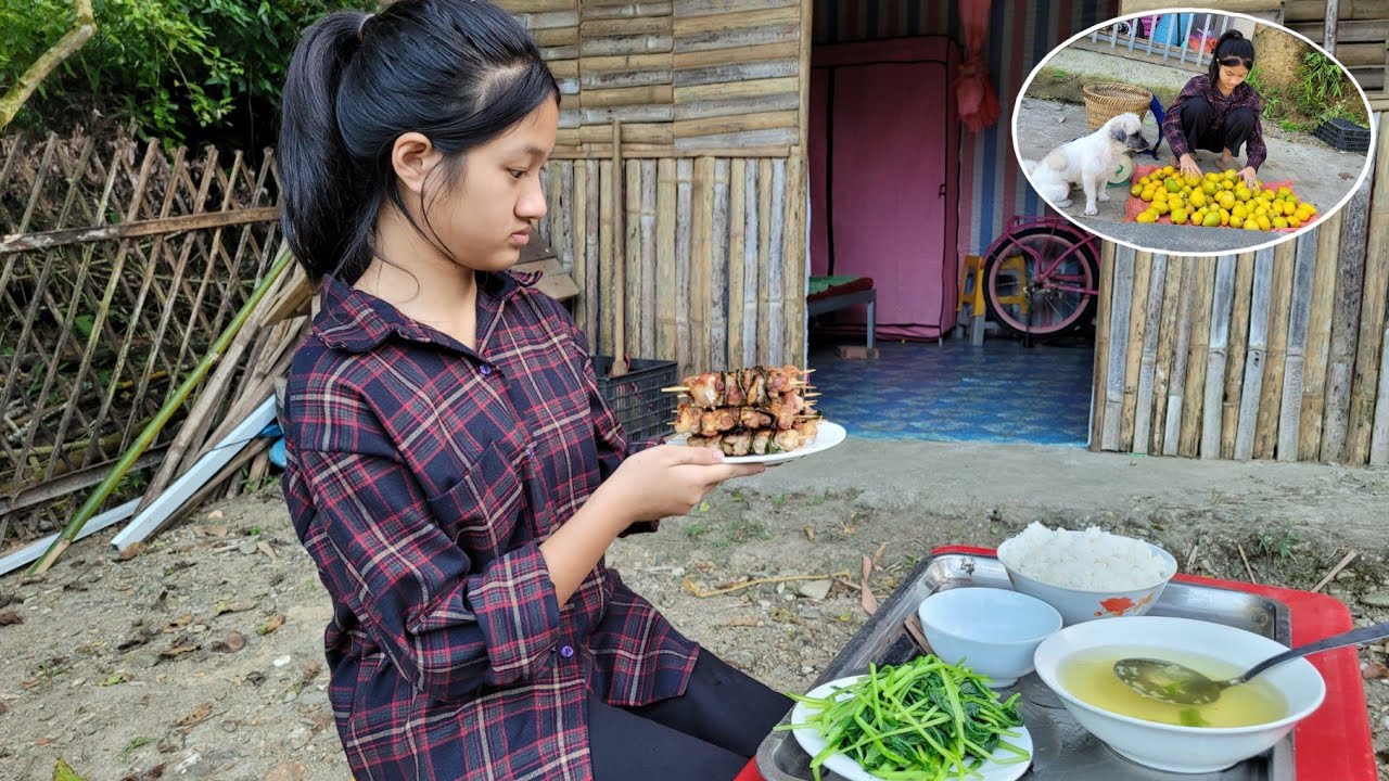 Orphaned girl Tieu Bong picks fruits to sell and cooks in a small hut daily life