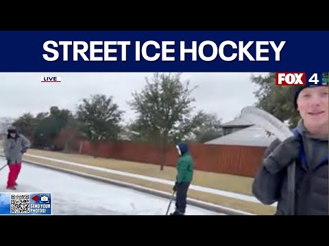 Plano family plays ice hockey in the street