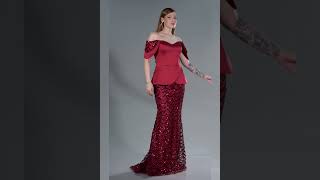 Bordo Saten Kayık Yaka Uzun Pullu Abiye Elbise ABU6243