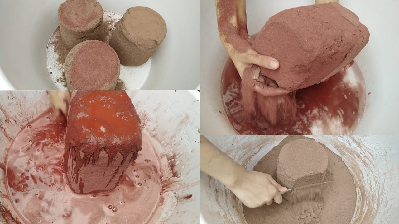 Asmr Super soft red sand cement dry+water crumbles/dipping & cutting