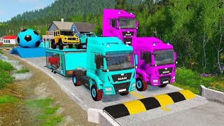 Flatbed Trailer Truck Rescue - Cars vs Rails - Speed Bumps - BeamNG.Drive