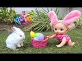 My Baby Alive doll Sara and Ana gathering Eastern Eggs with real Bunnies!!! Bananakids