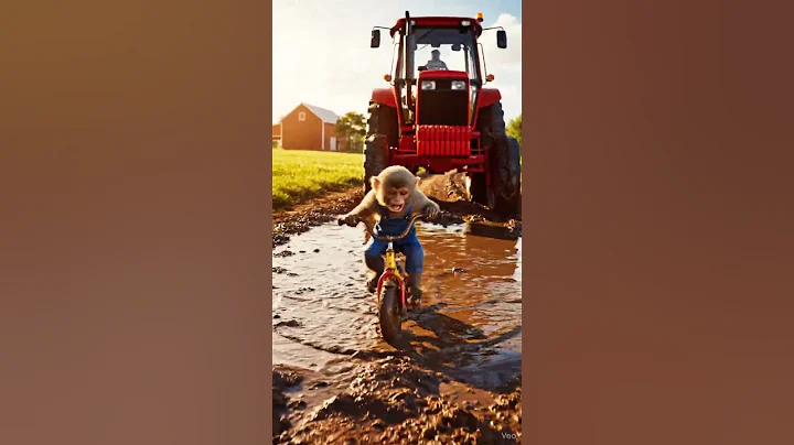 Baby Monkey Splashes in Mud While Riding Bike! Fun with Tractors #MudRide #MonkeyFun #PlayBoxKids