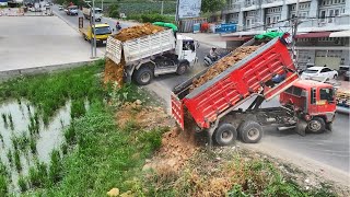 Amazing! Processing Filling Up The Land huge, By Bulldozer MITSUBISHI BD2F And Dump Truck 25Ton